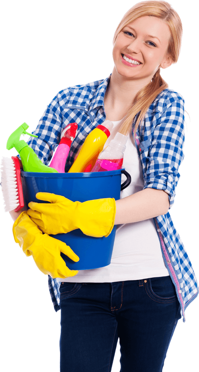 Professional cleaner wearing blue uniform with arms crossed and smiling